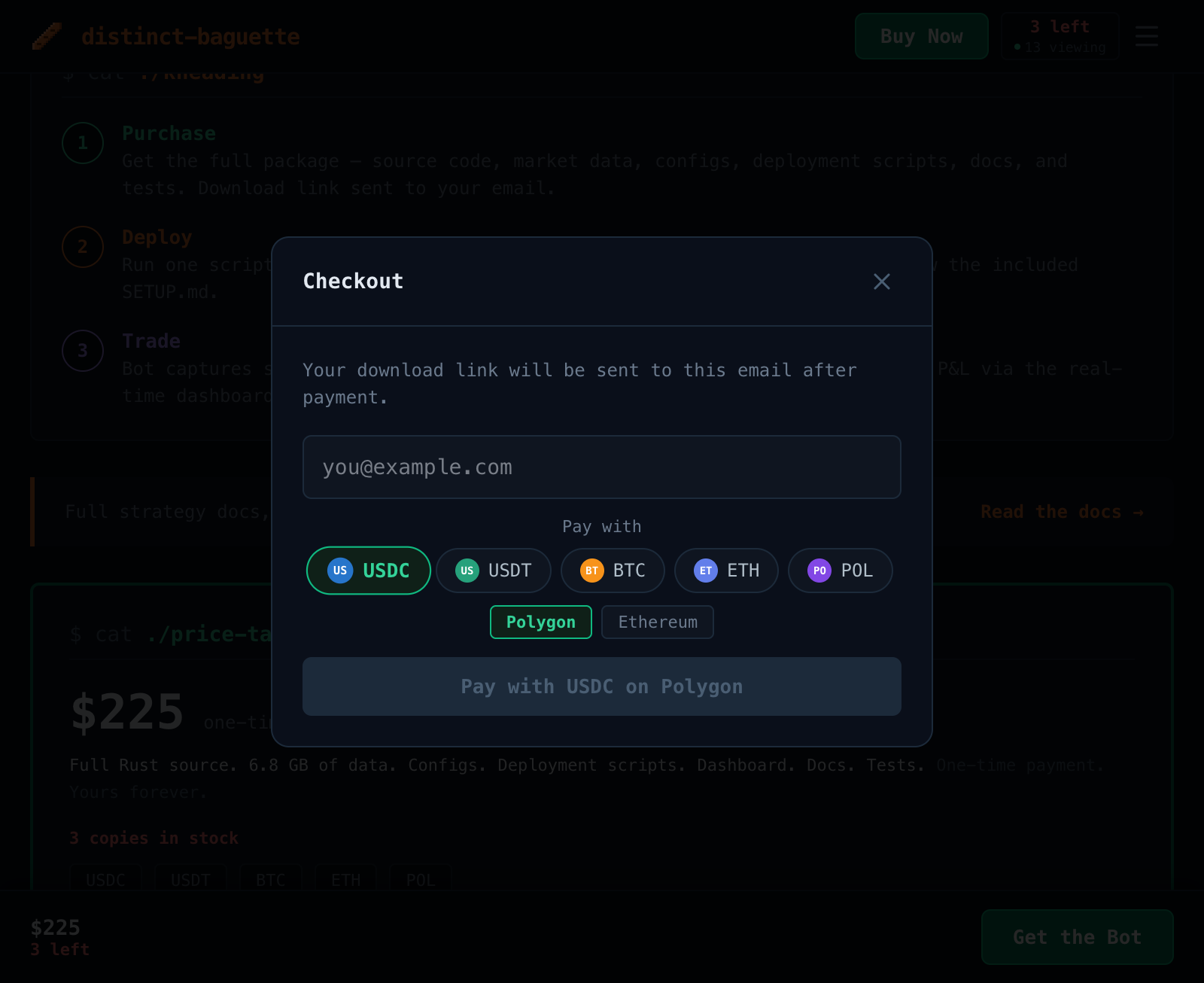 Checkout form with email input and cryptocurrency selector for purchasing the Polymarket trading bot