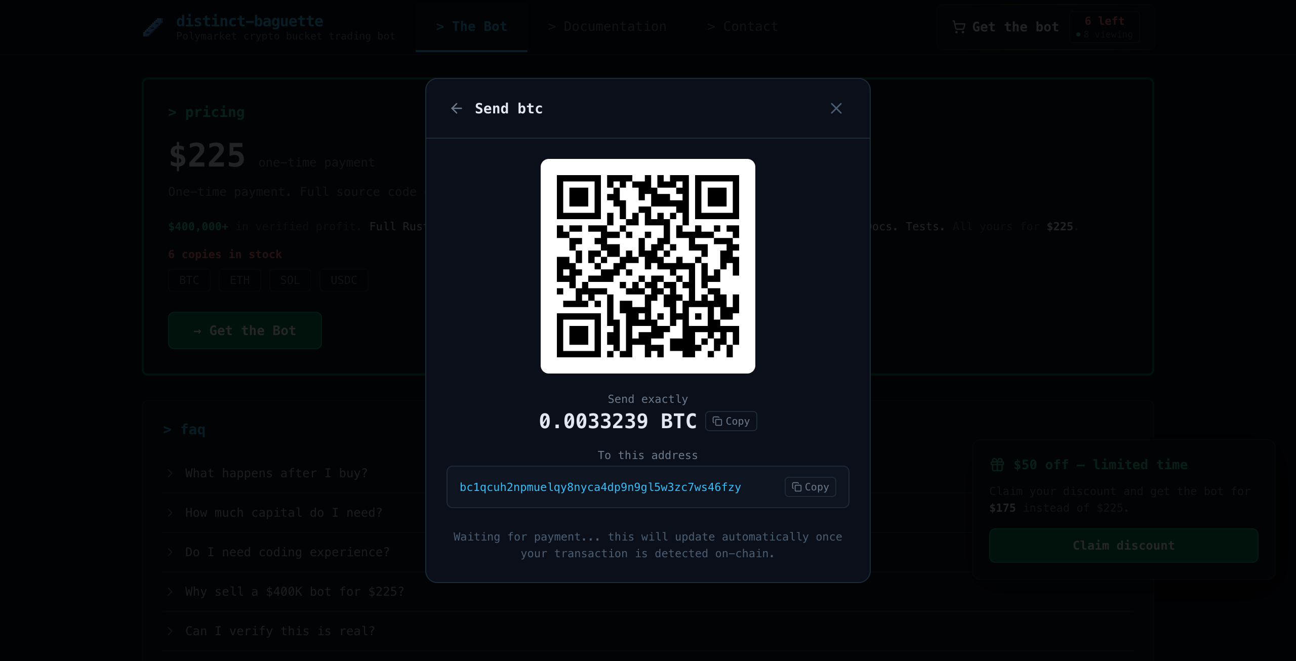 Payment screen showing wallet address and QR code for sending crypto payment